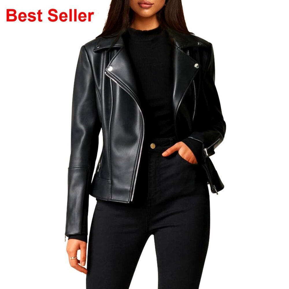 Buttery Soft Faux Leather Motorcycle Jacket Asymmetrical Zipper Stretch Sleeves